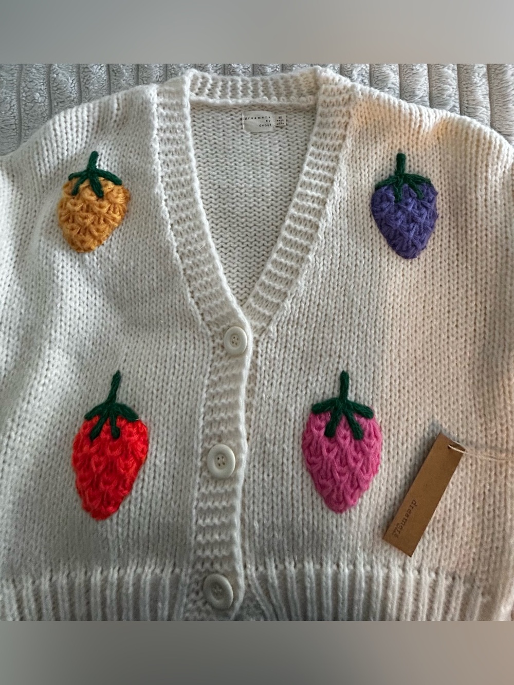 Dreamers by Debut - Women’s Cream Cardigan with Multicolor Strawberry Appliqués